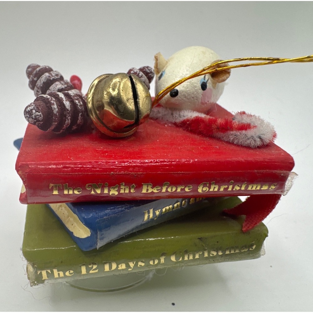 Vintage 1982 Kurt S Adler Christmas Ornament Stack of Books with Mouse Bell 0246